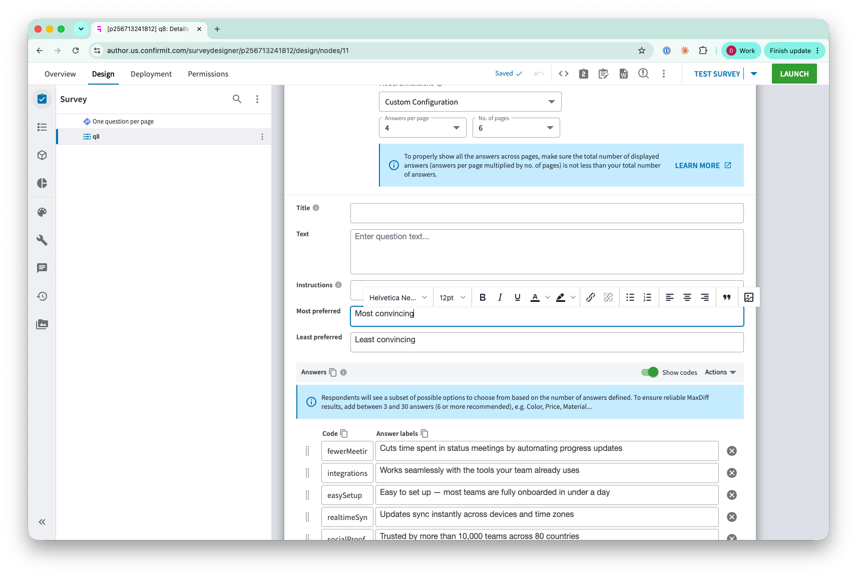 ConfirmIt MaxDiff question editor — Most preferred and Least preferred column labels